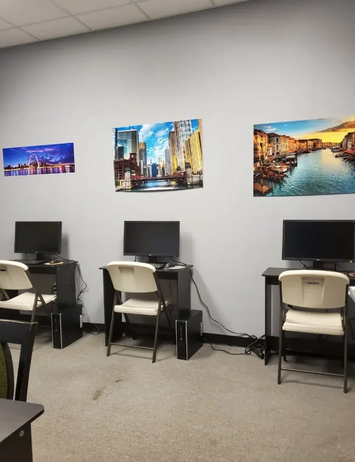 Computer lab with workstations available to clients at Bridges Community Support Services