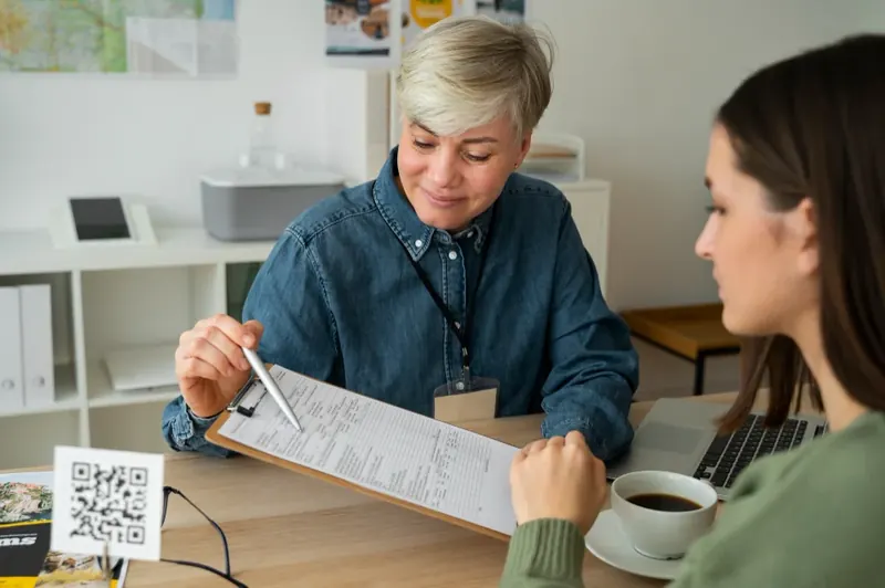 Case manager reviewing an intake form on a clipboard with a client during a consultation